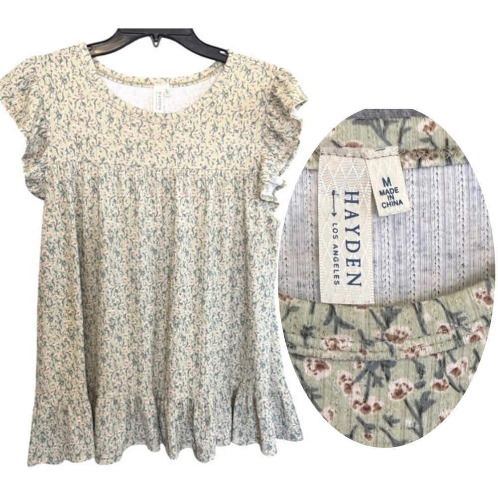 Hayden Sage Green Floral Romantic Cottagecore Ruffle Peplum Babydoll Medium